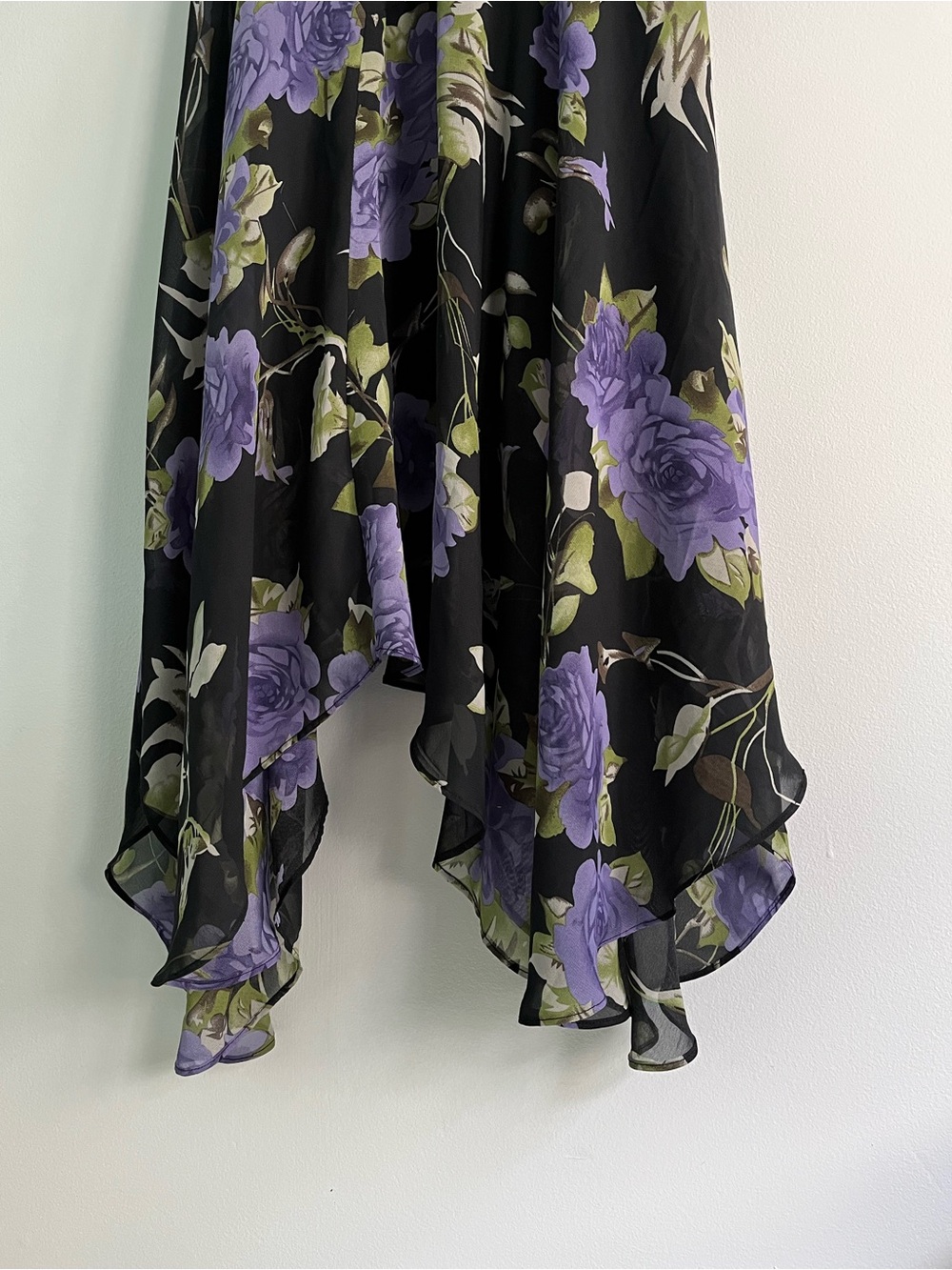 90s Y2K Jessica Black & Purple Floral Whimsical Flowy Fairy Midi Cowl Neck Dress - Picture 15 of 16